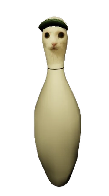Pin Cat, a bowling pin with a cat face and a cap